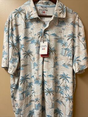 CHAPS Everyday Performance Men's Off white Blue Palm Print Short Sleeve Shirt